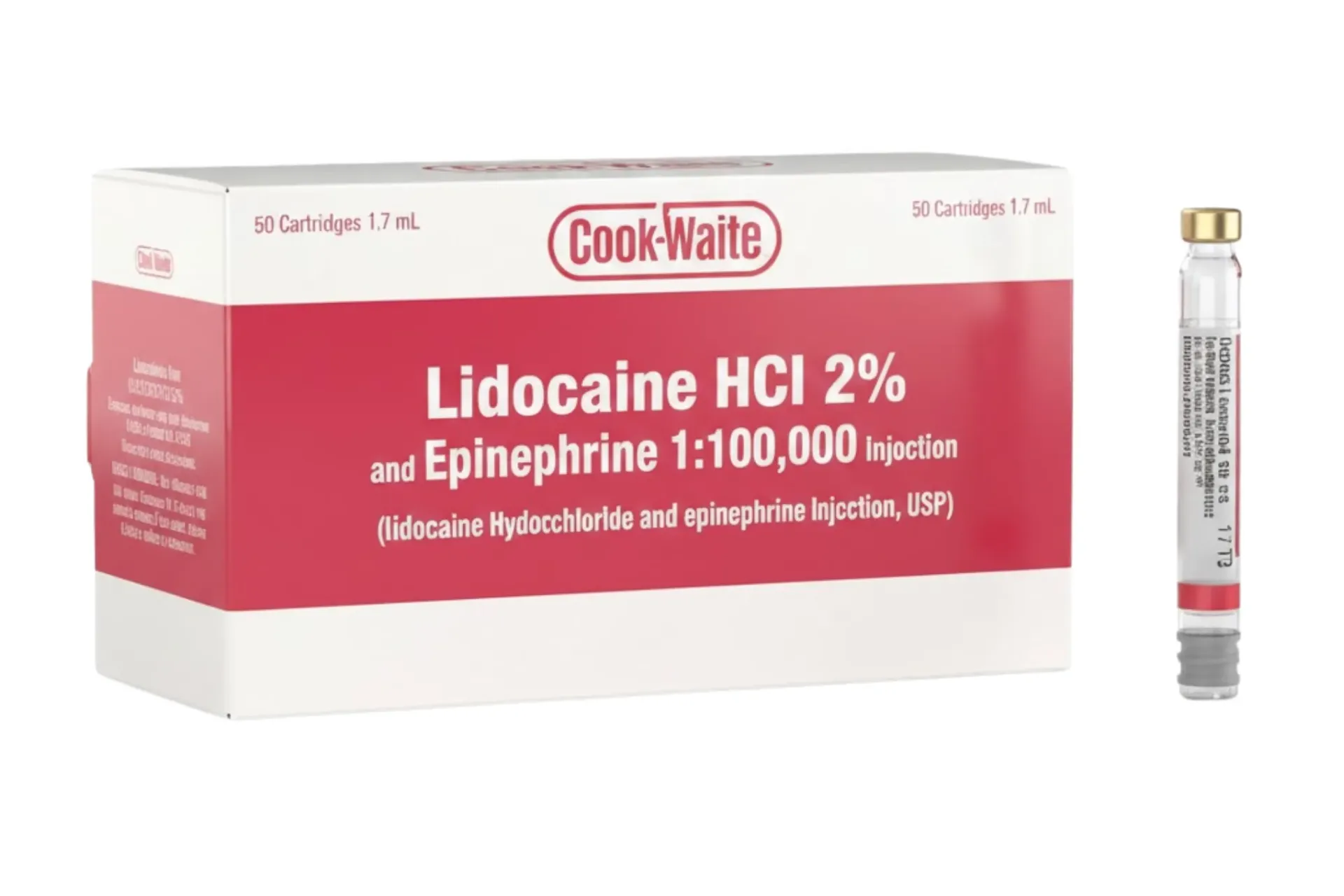 Cook-Waite, Lidocaine HCl 2%, with Epinephrine, 1:100,000, 1.8 ml, Red, 50/Pk, 99168