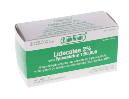 Cook-Waite, Lidocaine HCl 2%, with Epinephrine, 1:50,000, 1.8 ml, Green, 50/Pk, 99170