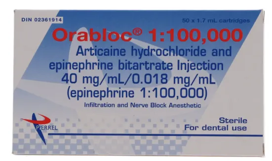 [2101051] Pierrel Pharma-Orabloc Articaine HCl 4%, with Epinephrine, 1:100,000, 1.7 ml, Red, 50/Pk, 2101051